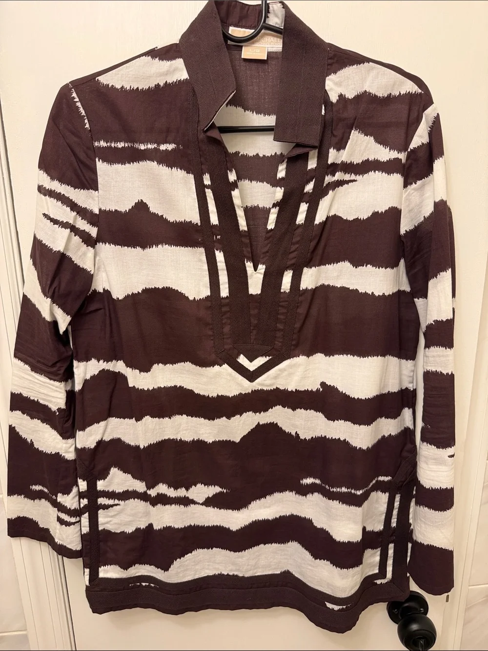 Michael Michael Kors Brown & Ivory Zebra Print Blouse | Size Large